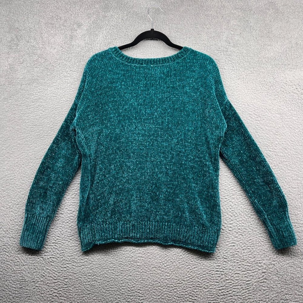 Mudd Women's Sweater Green Chenille Knit V-Neck Pullover Polyester Size Large